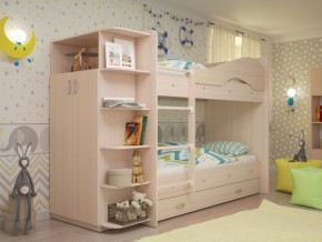Кровать 2-х ярусная Мая с ящиками и шкафом на латофлексах млечный дуб в Лангепасе - langepas.magazinmebel.ru | фото - изображение 1