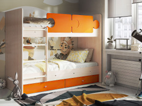 Кровать двухъярусная Тетрис латы с бортиками дуб млечный-оранжевый в Лангепасе - langepas.magazinmebel.ru | фото